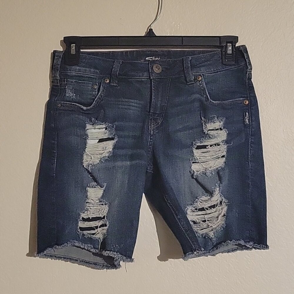 Silver Jeans Co Women Shorts Size 26 Sam Bermuda Dark Wash Distressed Denim